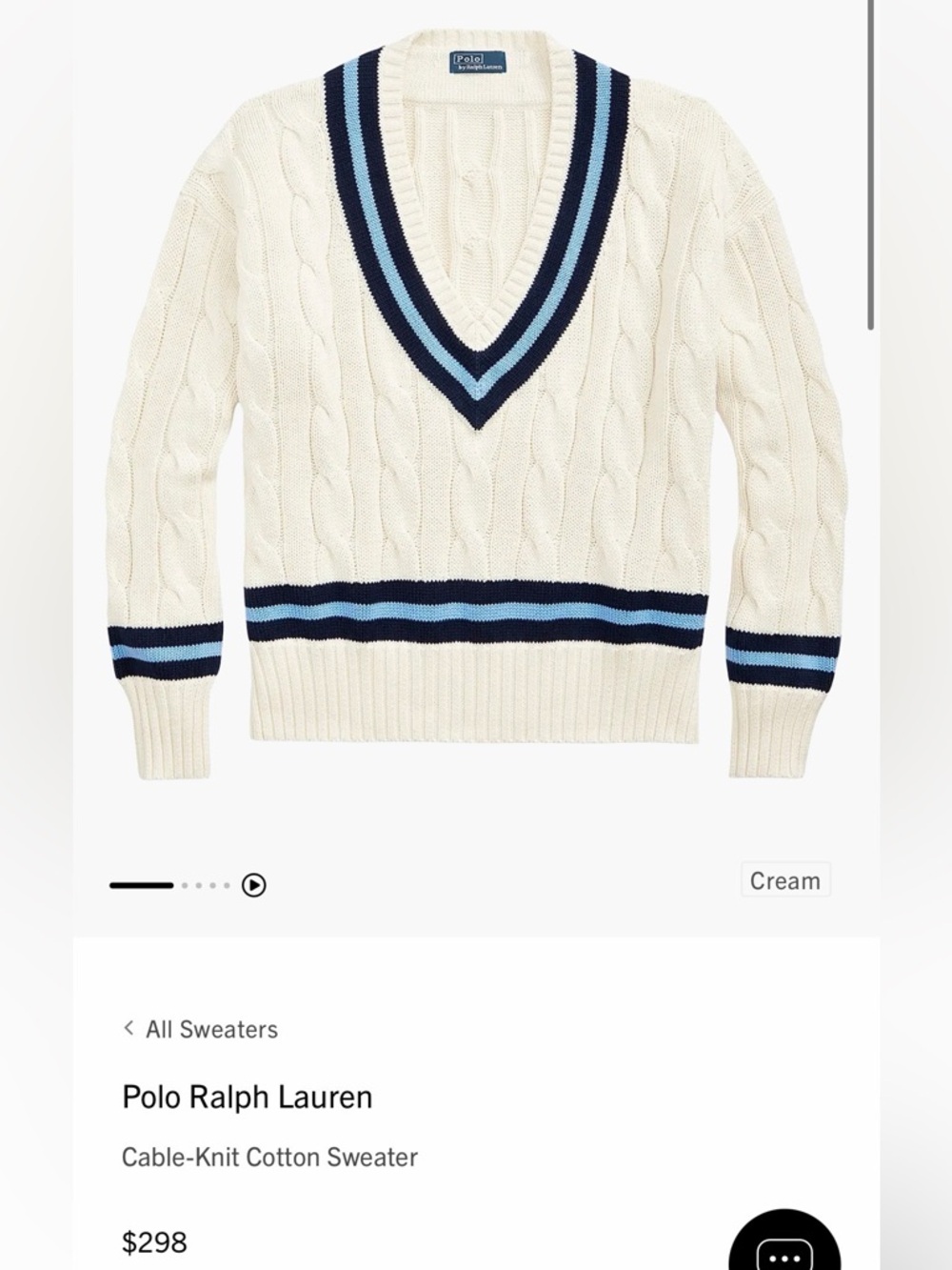 Polo by Ralph Lauren Cream Cable-Knit V-Neck Sweater with Blue Stripes